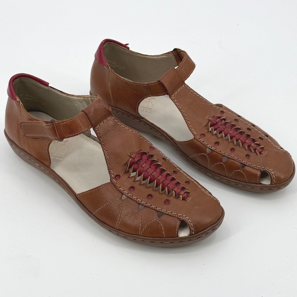 Rieker Antistress Brown 100% Leather Woven T-Strap Mary Jane Flats Womens 9.5